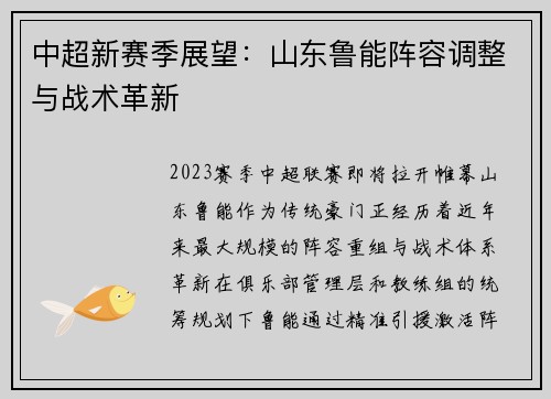 中超新赛季展望：山东鲁能阵容调整与战术革新